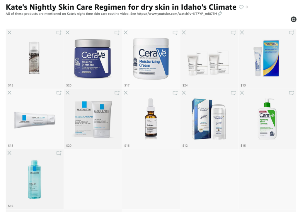 List of 11 products for night skin regimen on Amazon for dry skin-- especially in an Idaho climate